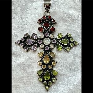 Stunning Vintage Sterling Silver Heavy Jeweled Gemstones Cross Pendant